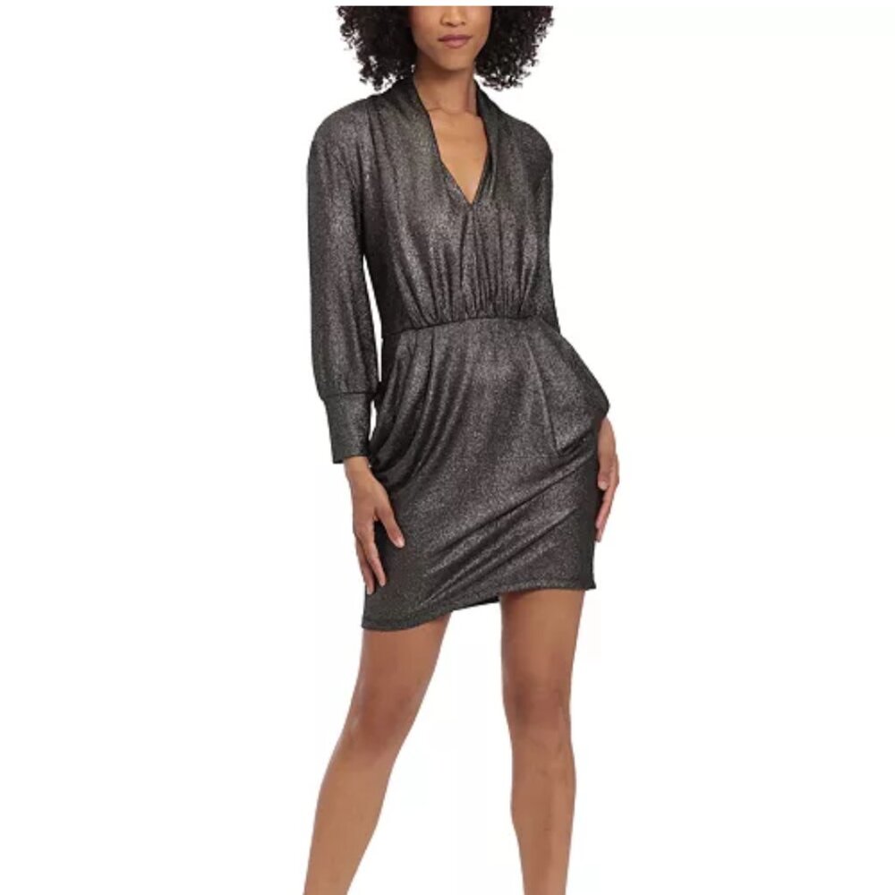 Donna Morgan Bodycon Dress Womens 6 Gold Metallic Shimmer Cocktail Party Evening - Picture 3 of 12